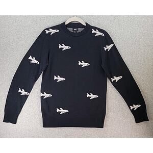 H&M Airplane Mens Size XS Pullover Crewneck Sweater Navy Blue White Travel HTF